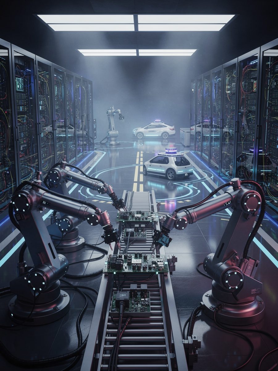 Robotic arms on an automated production line